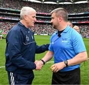7 July 2024; Limerick manager John Kiely with referee Thomas Walsh before the GAA Hurling All-Ireland Senior Championship semi-final match between Limerick and Cork at Croke Park in Dublin. Photo by Ray McManus/Sportsfile
