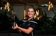 8 July 2024; PwC GPA Player of the Month for June in camogie, Aoife Prendergast of Kilkenny, with her award at PwC’s offices in Dublin. Photo by Tyler Miller/Sportsfile