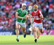 7 July 2024; Kyle Hayes of Limerick and Declan Dalton of Cork during the GAA Hurling All-Ireland Senior Championship semi-final match between Limerick and Cork at Croke Park in Dublin. Photo by Stephen McCarthy/Sportsfile