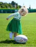 8 July 2024; Ireland supporter Erin Molony, aged 2, from Mullingar in Westmeath, during the Team Ireland Paris 2024 team training for Rugby Sevens ahead of the Paris 2024 Olympic Games at the IRFU Outdoor Pitch on the Sport Ireland Campus in Dublin. Photo by Shauna Clinton/Sportsfile