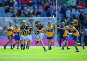 6 July 2024; Mark Phelan, Scoil Mhuire, Gowran, Kilkenny, representing Kilkenny in action against Cillian Casey, Toreen NS, Mayo, representing Clare during the GAA INTO Cumann na mBunscol Respect Exhibition Go Games at the GAA Hurling All-Ireland Senior Championship semi-final match between Kilkenny and Clare at Croke Park in Dublin. Photo by Ray McManus/Sportsfile