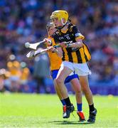 6 July 2024; Harry Brennan, St Aidan's NS, Kilmanagh, Kilkenny, representing Kilkenny in action against Cillian Casey, Toreen NS, Mayo, representing Clare during the GAA INTO Cumann na mBunscol Respect Exhibition Go Games at the GAA Hurling All-Ireland Senior Championship semi-final match between Kilkenny and Clare at Croke Park in Dublin. Photo by Ray McManus/Sportsfile