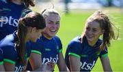 8 July 2024; Vicky Elmes Kinlan, Beibhinn Parsons and Amy Larn during the Team Ireland Paris 2024 team training for Rugby Sevens ahead of the Paris 2024 Olympic Games at the IRFU Outdoor Pitch on the Sport Ireland Campus in Dublin. Photo by Shauna Clinton/Sportsfile