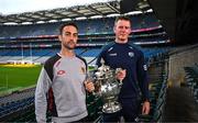 9 July 2024; Down manager Conor Laverty, left, and Laois manager Justin McNulty during a Tailteann Cup media day at Croke Park in Dublin. Photo by Harry Murphy/Sportsfile