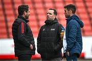 4 July 2024; League of Ireland director Mark Scanlon, centre, with Derry City manager Ruaidhrí Higgins and Sligo Rovers manager John Russell during the SSE Airtricity Men's Premier Division match between Sligo Rovers and Derry City at The Showgrounds in Sligo. Photo by Harry Murphy/Sportsfile