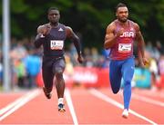 9 July 2024; Israel Olatunde of Ireland, left, and JT Smith of USA competing in the SuperValu 100m men's race final during the Cork City Sports at MTU Athletics Track in Cork. Photo by Tyler Miller/Sportsfile