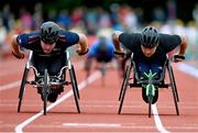 9 July 2024; Ben Rowlings of Great Britain, right, crosses the finsh line to win ahead of Issac Towers of Great Britain, in the Ian Jagoe Memorial 800m T54 men's wheelchair final during the Cork City Sports at MTU Athletics Track in Cork. Photo by Tyler Miller/Sportsfile