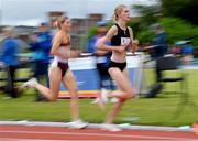 9 July 2024; Eleanor Fulton of USA, right, competing in the Cork ETB 3000m women's final during the Cork City Sports at MTU Athletics Track in Cork. Photo by Tyler Miller/Sportsfile