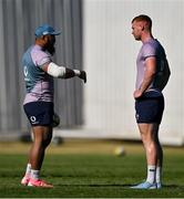 10 July 2024; Bundee Aki, left, and Ciarán Frawley during an Ireland rugby squad training session at Northwood College in Durban, South Africa. Photo by Brendan Moran/Sportsfile
