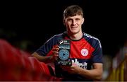 10 July 2024; Shelbourne FC's Will Jarvis with his SSE Airtricity / SWI Player of the Month award for June 2024 at Tolka Park in Dublin. Photo by Seb Daly/Sportsfile