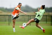 10 July 2024; Katie McCabe, left, and Jess Ziu during a Republic of Ireland women's training session at the FAI National Training Centre in Abbotstown, Dublin. Photo by David Fitzgerald/Sportsfile