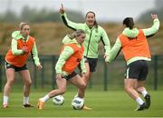 10 July 2024; Izzy Atkinson, centre, and Anna Patten during a Republic of Ireland women's training session at the FAI National Training Centre in Abbotstown, Dublin. Photo by David Fitzgerald/Sportsfile