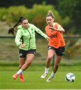 10 July 2024; Leanne Kiernan, right, and Jess Ziu during a Republic of Ireland women's training session at the FAI National Training Centre in Abbotstown, Dublin. Photo by David Fitzgerald/Sportsfile