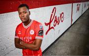 10 July 2024; Shelbourne FC new signing Rayhaan Tulloch stands for a portrait at Tolka Park in Dublin. Photo by Seb Daly/Sportsfile