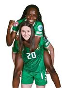 9 July 2024; Hazel Donegan, bottom, and Mary Phillips during a Republic of Ireland Women's Under-19 squad portrait session at the Pillo Hotel in Ashbourne, Meath. Photo by Ben McShane/Sportsfile