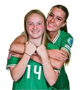 9 July 2024; Freya Healy, left, and Aoife Kelly during a Republic of Ireland Women's Under-19 squad portrait session at the Pillo Hotel in Ashbourne, Meath. Photo by Ben McShane/Sportsfile