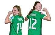 9 July 2024; Freya Healy, left, and Hannah Healy during a Republic of Ireland Women's Under-19 squad portrait session at the Pillo Hotel in Ashbourne, Meath. Photo by Ben McShane/Sportsfile