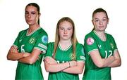 9 July 2024; Republic of Ireland players, from left, Aoife Kelly, Freya Healy and Hannah Healy during a Republic of Ireland Women's Under-19 squad portrait session at the Pillo Hotel in Ashbourne, Meath. Photo by Ben McShane/Sportsfile