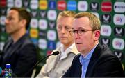 11 July 2024; FAI interim chief executive David Courell, right, with newly appointed Republic of Ireland head coach Heimir Hallgrímsson, centre, and FAI director of football Marc Canham, left, during a media conference at the Aviva Stadium in Dublin. Photo by Seb Daly/Sportsfile
