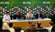 11 July 2024; FAI director of football Marc Canham, second from left, with newly appointed Republic of Ireland head coach Heimir Hallgrímsson, centre, and FAI interim chief executive David Courell, right, speaking during a media conference at the Aviva Stadium in Dublin. Photo by Shauna Clinton/Sportsfile