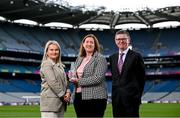 11 July 2024; Poc Fada Hall of Fame 2024 recipient Denise Lynch with Ard Stiúrthóir of the GAA Tom Ryan and Munster camogie Chairperson Christine Ryan during the launch at Croke Park in Dublin. Photo by David Fitzgerald/Sportsfile