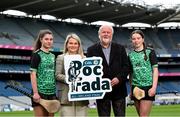 11 July 2024; Event sponsor Martin Donnelly and Munster camogie Chairperson Christine Ryan with Anna Kearney of Cork, left, and Ona Kennedy of Kilkenny during the Poc Fada launch at Croke Park in Dublin. Photo by David Fitzgerald/Sportsfile