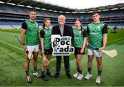 11 July 2024; Event sponsor Martin Donnelly with contestants, from left, Fionán Mackessy of Kerry, Anna Kearney of Cork, Ona Kennedy of Kilkenny and Cillian Kiely of Offaly pictured during the Poc Fada launch at Croke Park in Dublin. Photo by David Fitzgerald/Sportsfile