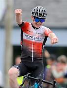 11 July 2024; Michael Collins of Skoda Munster team celebrates winning stage three of the 2024 Junior Tour of Ireland at the Burren stage in Clare. Photo by Stephen McMahon/Sportsfile