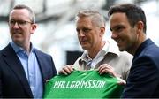 11 July 2024; Newly appointed Republic of Ireland head coach Heimir Hallgrímsson, centre, with, FAI interim chief executive David Courell, left, and FAI director of football Marc Canham before a media conference at the Aviva Stadium in Dublin. Photo by Shauna Clinton/Sportsfile