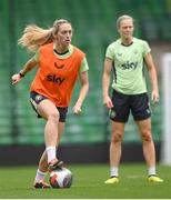 11 July 2024; Megan Connolly and Diane Caldwell, right, during a Republic of Ireland women's training session at Carrow Road in Norwich, England. Photo by Stephen McCarthy/Sportsfile