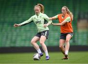 11 July 2024; Amber Barrett and Megan Connolly, right, during a Republic of Ireland women's training session at Carrow Road in Norwich, England. Photo by Stephen McCarthy/Sportsfile