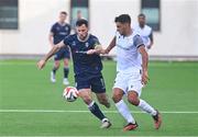 11 July 2024; Patrick Hoban of Derry City in action against Kevagn Ronco of FCB Magpies during the UEFA Champions League First Qualifying Round First Leg match between FCB Magpies and Derry City at Europa Point Stadium in Gibraltar. Photo by Marcos Moreno/Sportsfile