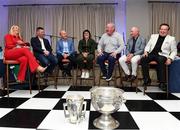 11 July 2024; Former Ireland, Munster and Kerry player Mick Galwey with from left RTE presenter Jacqui Hurley, former Kerry player Tomás Ó Sé, former Tyrone player Peter Canavan, former Dublin footballer Lindsay Peet, former Dublin manager Jim Gavin and RTÉ commentator Marty Morrissey during the All Ireland preview and golf event in aid of the Friends of the Coombe Fundraiser at the K Club in Kildare. Photo by Matt Browne/Sportsfile