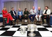 11 July 2024; Former Ireland, Munster and Kerry player Mick Galwey with from left RTE presenter Jacqui Hurley, former Kerry player Tomás Ó Sé, former Tyrone player Peter Canavan, former Dublin footballer Lindsay Peet, former Dublin manager Jim Gavin and RTÉ commentator Marty Morrissey during the All Ireland preview and golf event in aid of the Friends of the Coombe Fundraiser at the K Club in Kildare. Photo by Matt Browne/Sportsfile