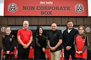 12 July 2024; In attendance as Des Kelly Interiors partner with Bohemian FC to unveil a non-corporate box at Dalymount Park are, from left, Bohemians FC Football for All Player Hanna Ciesielka, Bohemian FC 1984 team member Gino Lawless, Des Kelly Interiors Directors Youlanda Kelly and Gerardo Kelly, Bohemian FC 1984 team member Dermot O'Neill and Bohemians FC Football for All Player Matilda Ciesielka. Bohemian FC and Des Kelly Interiors today announced the opening of the ‘Dalymount Des Kelly Non-Corporate Box’. This will be the only corporate box in League of Ireland football but will not be available to buy or rent, instead it will reward people for their efforts to improve Bohemian FC and the local community and city. Photo by Sam Barnes/Sportsfile