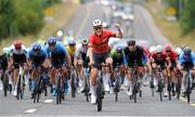 12 July 2024; Nick Makin of Mid Devon RC celebrates winning stage four of the 2024 Junior Tour of Ireland at the Cliffs of Moher stage in Clare. Photo by Stephen McMahon/Sportsfile