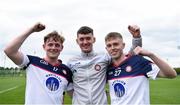 12 July 2024; New York players, from left, Thomas Shalvey, Ciarán O'Connor and Cathal Egan celebrate after their side's victory in the GAA Football All-Ireland Junior Championship semi-final match between New York and Warwickshire at the GAA National Centre of Excellence in Abbotstown, Dublin. Photo by Shauna Clinton/Sportsfile