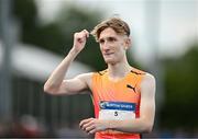 12 July 2024; Nick Griggs of Ireland celebrates after finishing second in the Albie Thomas Family/ Dublin Athletics Board Men's 5000m with a new PB of 13:13.07 during the Morton Games at Morton Stadium in Dublin. Photo by Sam Barnes/Sportsfile