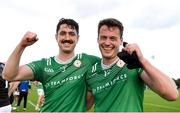 12 July 2024; London players Patrick O'Connor, left, and Rhys Lennon after their side's victory in the GAA Football All-Ireland Junior Championship semi-final match between USGAA and London at the GAA National Centre of Excellence in Abbotstown, Dublin. Photo by Shauna Clinton/Sportsfile