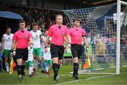 12 July 2024; Referee Daniel Murphy and his assistants walk out before the SSE Airtricity Men's First Division match between Cork City and Finn Harps at Turner's Cross in Cork. Photo by Michael P Ryan/Sportsfile