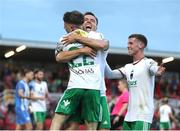 12 July 2024; Cathal O'Sullivan of Cork City, left, is congratulated by teammates Charlie Lyons, centre, and Evan McLaughlin after scoring his side's first goal during the SSE Airtricity Men's First Division match between Cork City and Finn Harps at Turner's Cross in Cork. Photo by Michael P Ryan/Sportsfile