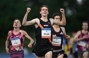 12 July 2024; Cathal Doyle of Clonliffe Harriers AC, Dublin, celebrates winning the Behan Associates and Commercical Hygiene Services Mens Morton Mile during the Morton Games at Morton Stadium in Dublin. Photo by Sam Barnes/Sportsfile