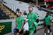 13 July 2024; Ireland players, from left, Jordan Larmour, captain Caelan Doris and Bundee Aki arrive before the second test between South Africa and Ireland at Kings Park in Durban, South Africa. Photo by Brendan Moran/Sportsfile