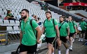 13 July 2024; Ireland players, from left, Robbie Henshaw, Joe McCarthy, Andrew Porter and Jamie Osborne arrive before the second test between South Africa and Ireland at Kings Park in Durban, South Africa. Photo by Brendan Moran/Sportsfile