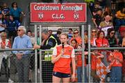 13 July 2024; Armagh captain Moya McGrane makes a speech after the LGFA All-Ireland U16 B Championship final match between Armagh and Waterford at Kinnegad GAA in Westmeath. Photo by Ben McShane/Sportsfile