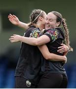 13 July 2024; Delana Friesen of Treaty United, right, celebrates scoring her side's first goal of the match with teammate Danielle Steer during the SSE Airtricity Women's Premier Division match between DLR Waves and Treaty United at UCD Bowl in Belfield, Dublin. Photo by Thomas Flinkow/Sportsfile