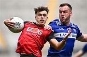 13 July 2024; Shealan Johnston of Down in action against Eoin Lowry of Laois during the Tailteann Cup Final match between Down and Laois at Croke Park in Dublin. Photo by Piaras Ó Mídheach/Sportsfile