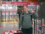 13 July 2024; Republic of Ireland's Sophie Whitehouse on the teams arrival at Cork Airport ahead of their 2025 UEFA Women's European Championship Qualifier match against France at Páirc Uí Chaoimh in Cork. Photo by Stephen McCarthy/Sportsfile