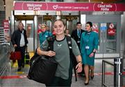 13 July 2024; Republic of Ireland's Izzy Atkinson on the teams arrival at Cork Airport ahead of their 2025 UEFA Women's European Championship Qualifier match against France at Páirc Uí Chaoimh in Cork. Photo by Stephen McCarthy/Sportsfile