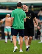 13 July 2024; South Africa head coach Rassie Erasmus, right, meets Ireland head coach Andy Farrell before the second test between South Africa and Ireland at Kings Park in Durban, South Africa. Photo by Brendan Moran/Sportsfile
